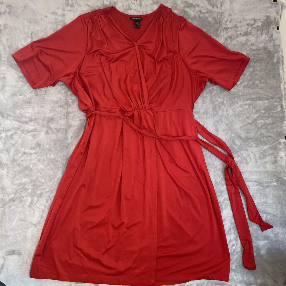 Lane Bryant Women's Size 26/28 Red Faux Wrap Midi Dress Tie Waist